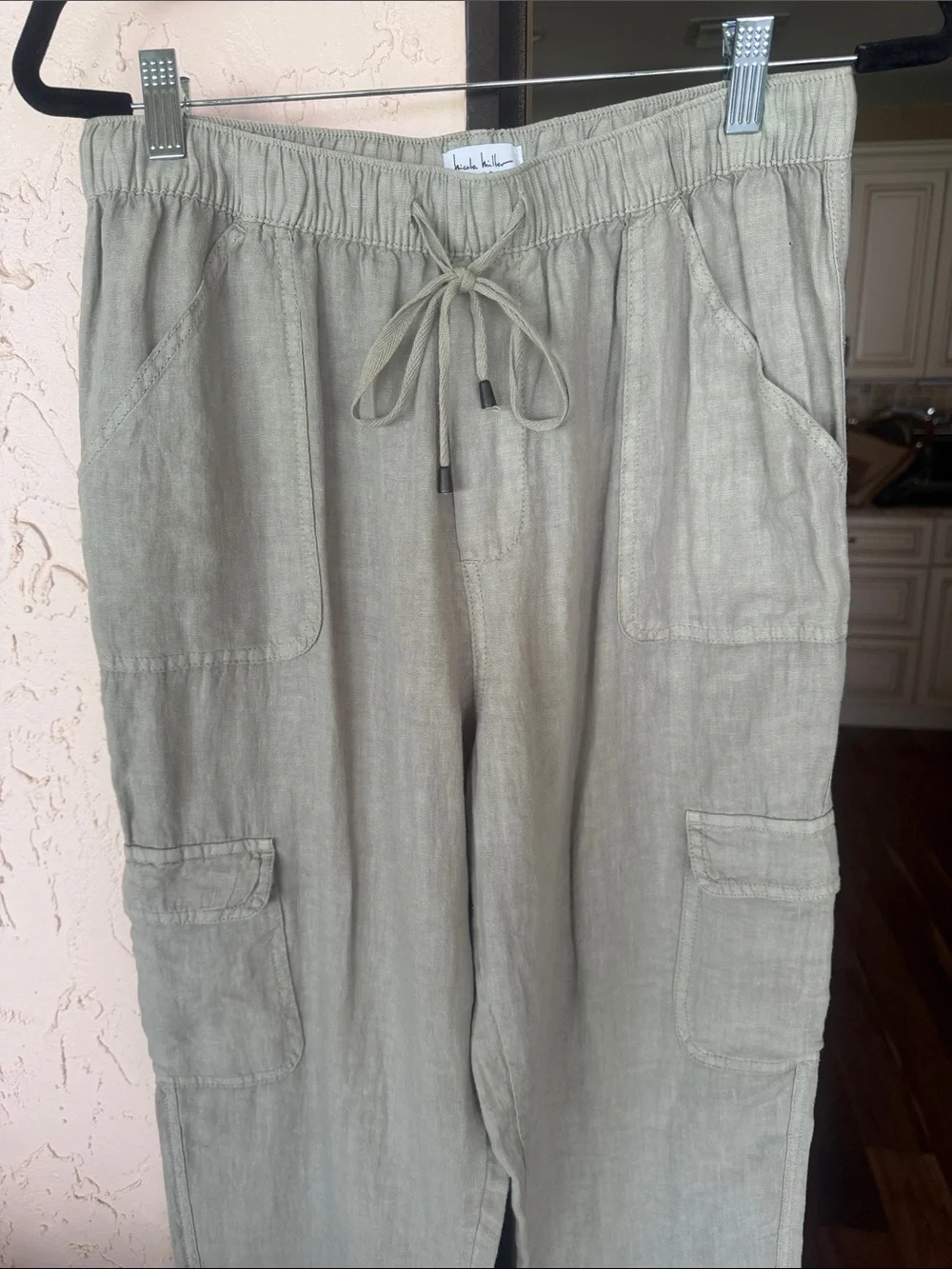 Nicole Miller Olive Drawstring Cargo Linen Pants